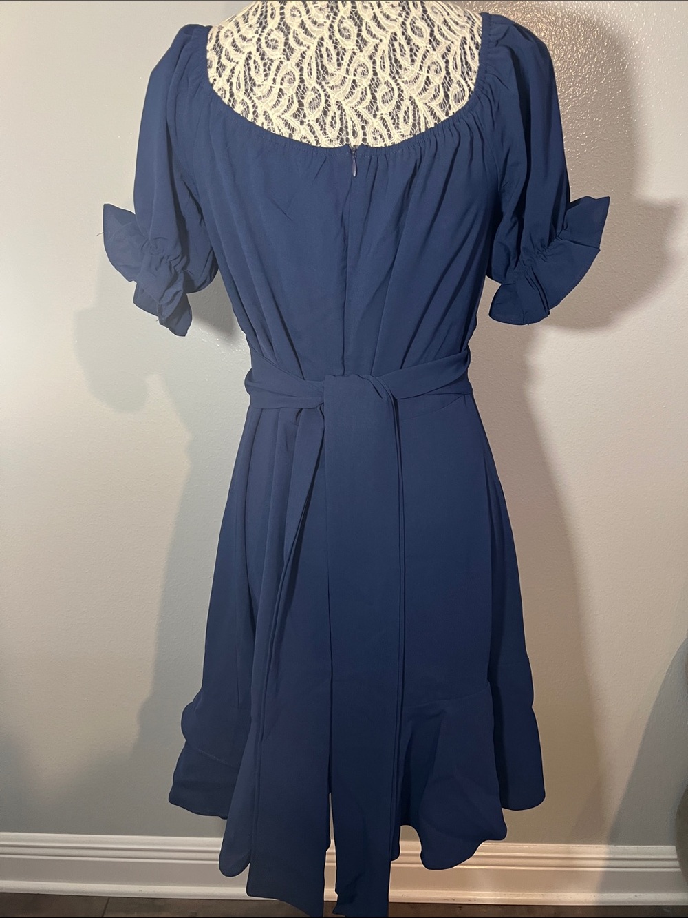 Navy Puff-Sleeve Ruffle Mini Dress - Picture 6 of 6